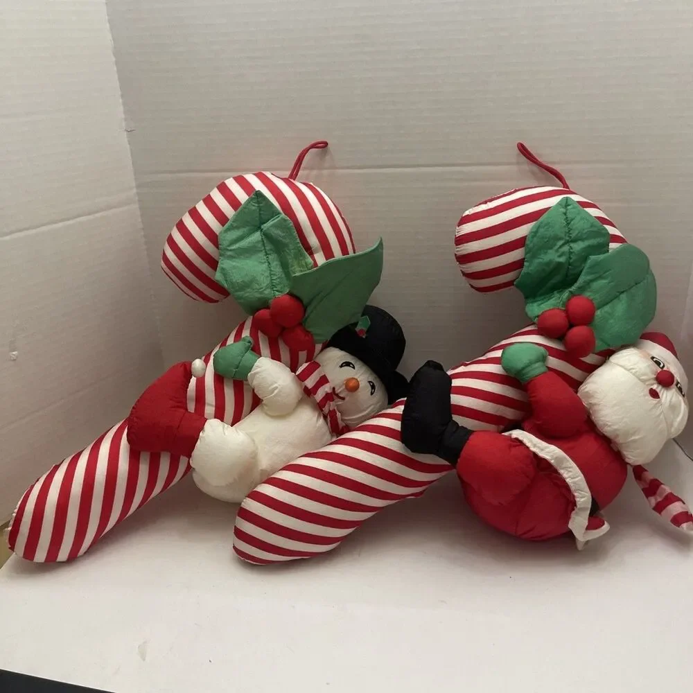 2 Vtg Inter. Silver Co Christmas Plush Parachute Nylon Santa Snowman 19” Hanging